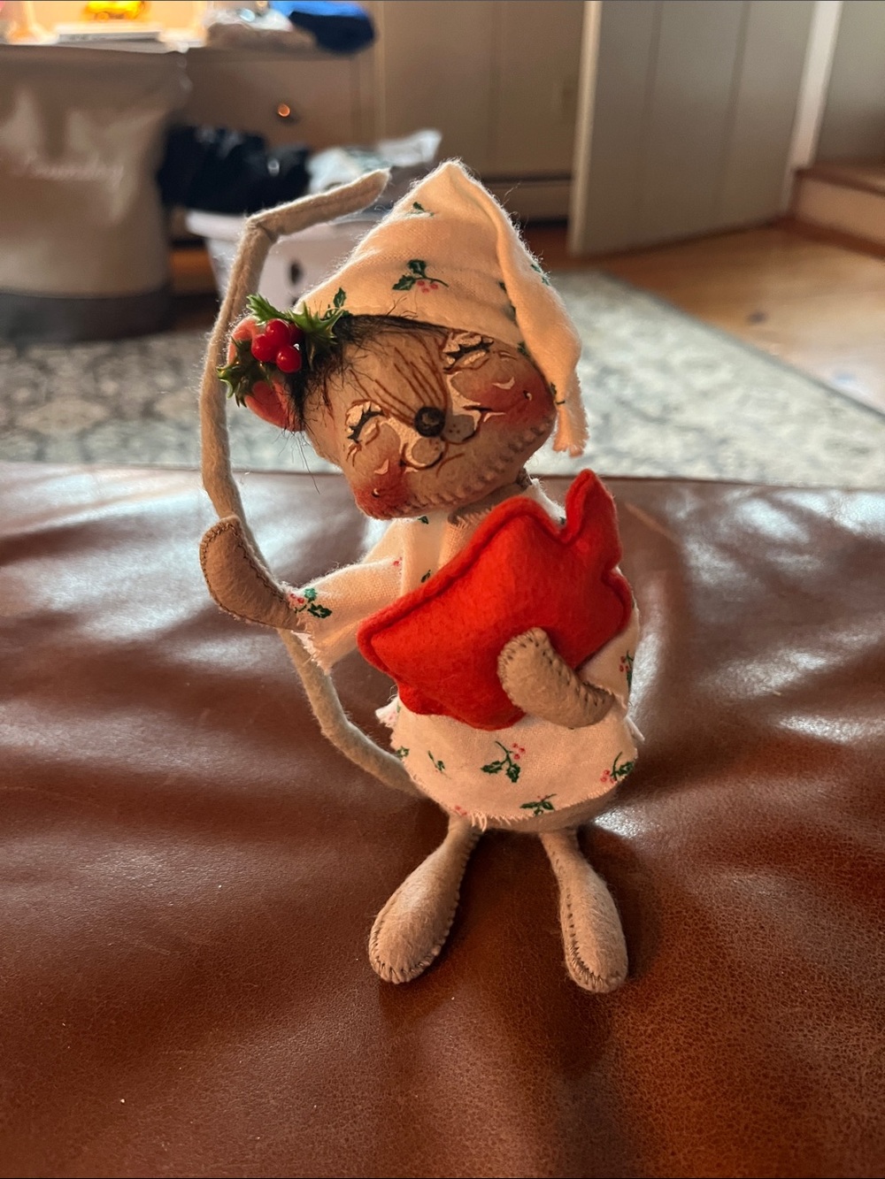 Annalee White Holly-Print Mouse Ornament with Red Star